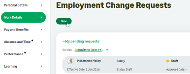 Screenshot: Selecting New to create a new employment change request