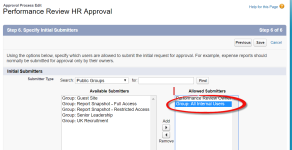 Screenshot: Selecting the All Internal Users group as Allowed Submitters