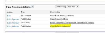 Screenshot: Final rejection actions for an approval process including clearing Is Being Approved