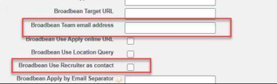 Screenshot: Broadbean Team email address and Broadbean Use Recruiter as contact settings