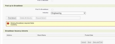 Screenshot: Missing Broadbean required fields: Currency error