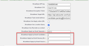 Screenshot showing Recruit configuration, Broadbean tab, with Broadbean apply by email fields correctly populated