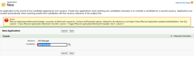 Screenshot: Attempt to de-reference a null object error when creating an application