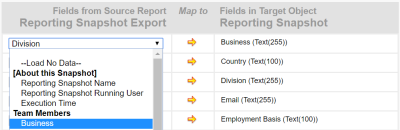 Screenshot: Mapping the Business field from the Team Member Object to a Business field in the target object