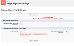 Screenshot: Error message when SAML cannot be disabled because the org or an Experience site is using it