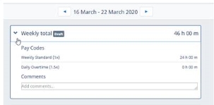 Screenshot: Weekly total section for a timesheet in WX showing fewer hours against pay codes than the weekly total