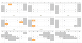 Screenshot: Absence calendar displaying working days according to 2 work schedules during the year