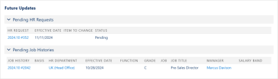 Screenshot: Future Updates section with pending HR requests and pending Job History entries