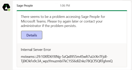 Screenshot: Internal Server Error card in MS Teams chat