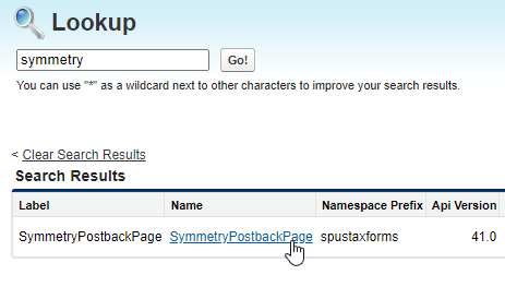 Screenshot: select the Visualforce page for the site
