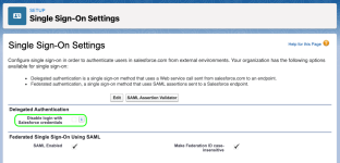 Screenshot: Disable login with Salesforce credentials option in Single Sign-On Settings