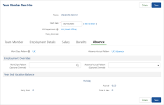 Screenshot: The Absence tab in the New Hire wizard