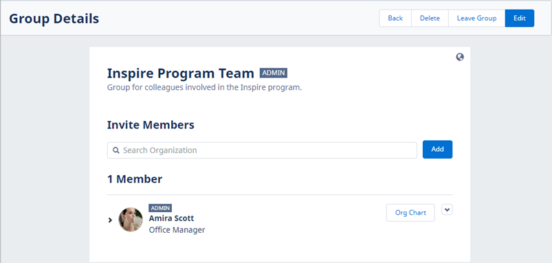 Screenshot of Group Details page in WX after Group creation