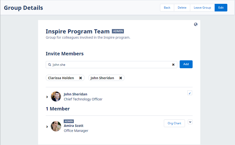 Screenshot of Group Details page in WX with two new members selected for inviting