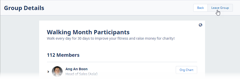 Screenshot of the top of the Group Details page, pointing to the Leave Group button