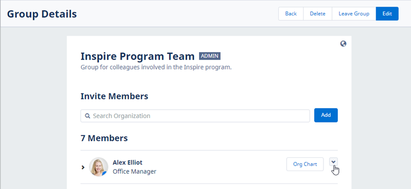 Screenshot of Group Details page in WX, pointing to the member options down chevron