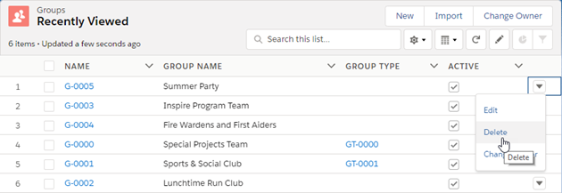 Screenshot of Groups list view in HR Manager Portal, pointing to Delete option for a group