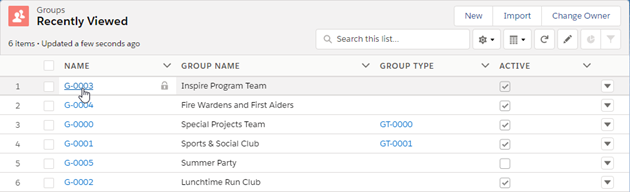 Screenshot of Recently Viewed Groups list view in Salesforce Lightning Experience, pointing to a Group on the list