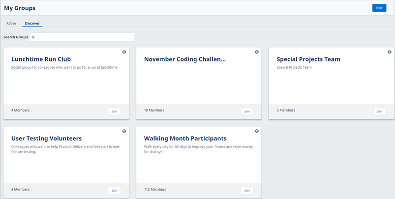 Screenshot of Discover tab displaying public Groups available for joining