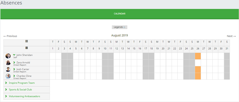 Screenshot of Team Absence Calendar showing Groups