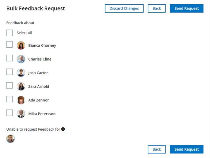 Screenshot: List of direct and cross reports on the Bulk Feedback Request page