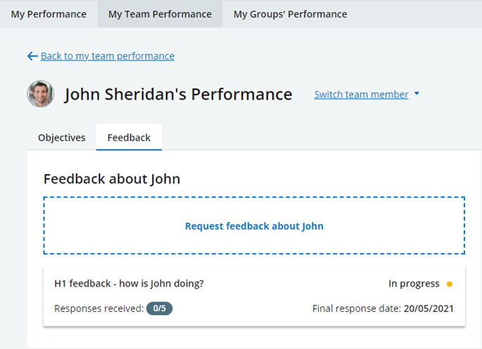 Screenshot: A Team Member's Feedback tab showing one In Progress request