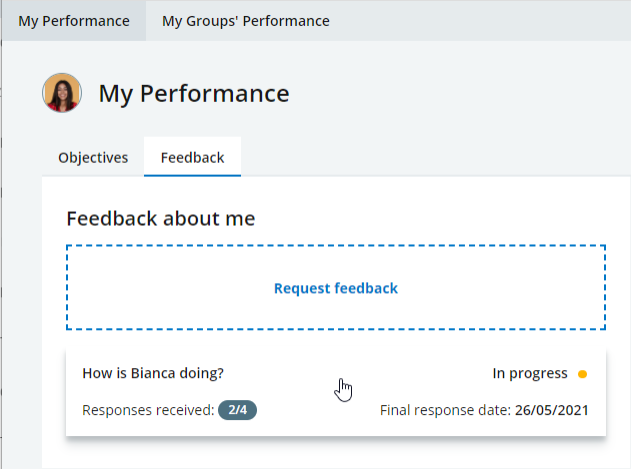 Screenshot: Selecting a Feedback request about yourself from the list