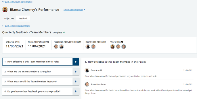 Screenshot: Viewing the details of a feedback request about a Team Member