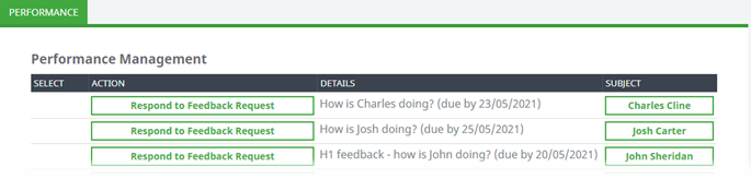 Screenshot: Three Respond to Feedback Request actions on WX Actions page