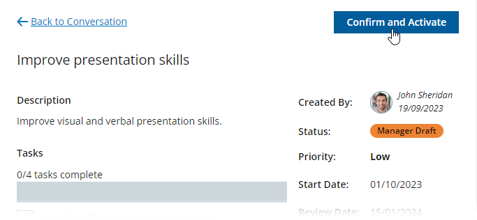 Screenshot: Selecting Confirm and Activate for an objective in the Manager draft status