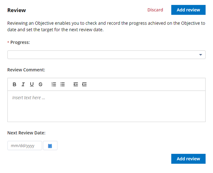 Screenshot: Objective Review panel for a manager