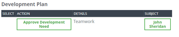 Screenshot: Approve Development Need action on the Actions page