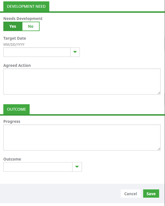 Screenshot: Fields for a competency indicator needing development