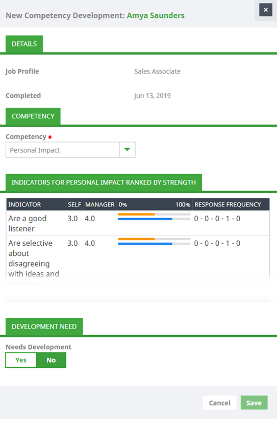 Screenshot: Indicators for the selected competency in New Competency Development view