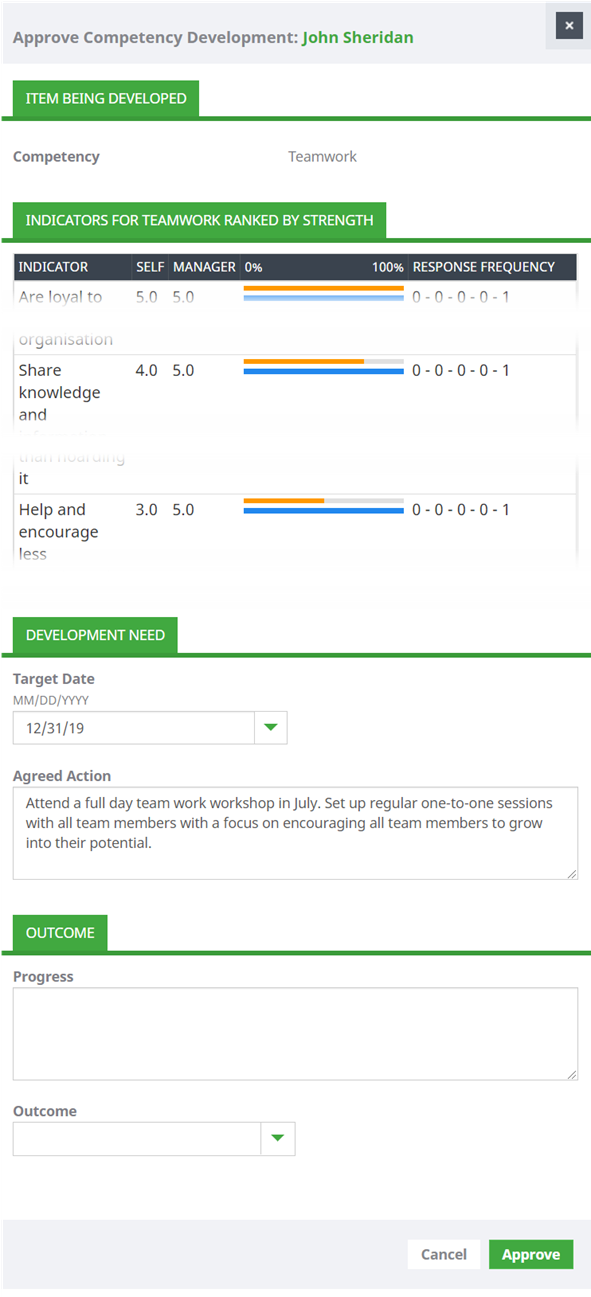 Screenshot: Approve view for a Competency based Development Need