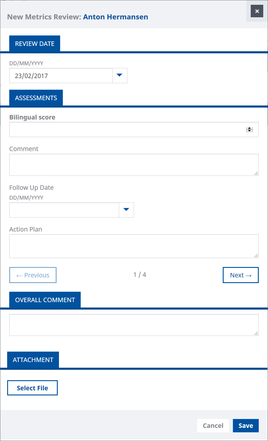 Screenshot: New Metrics Review view, first page