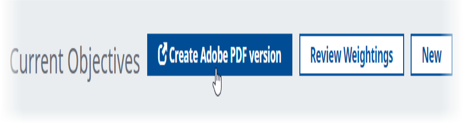 Screenshot: Top of the Current Objectives view showing the Create Adobe PDF version button