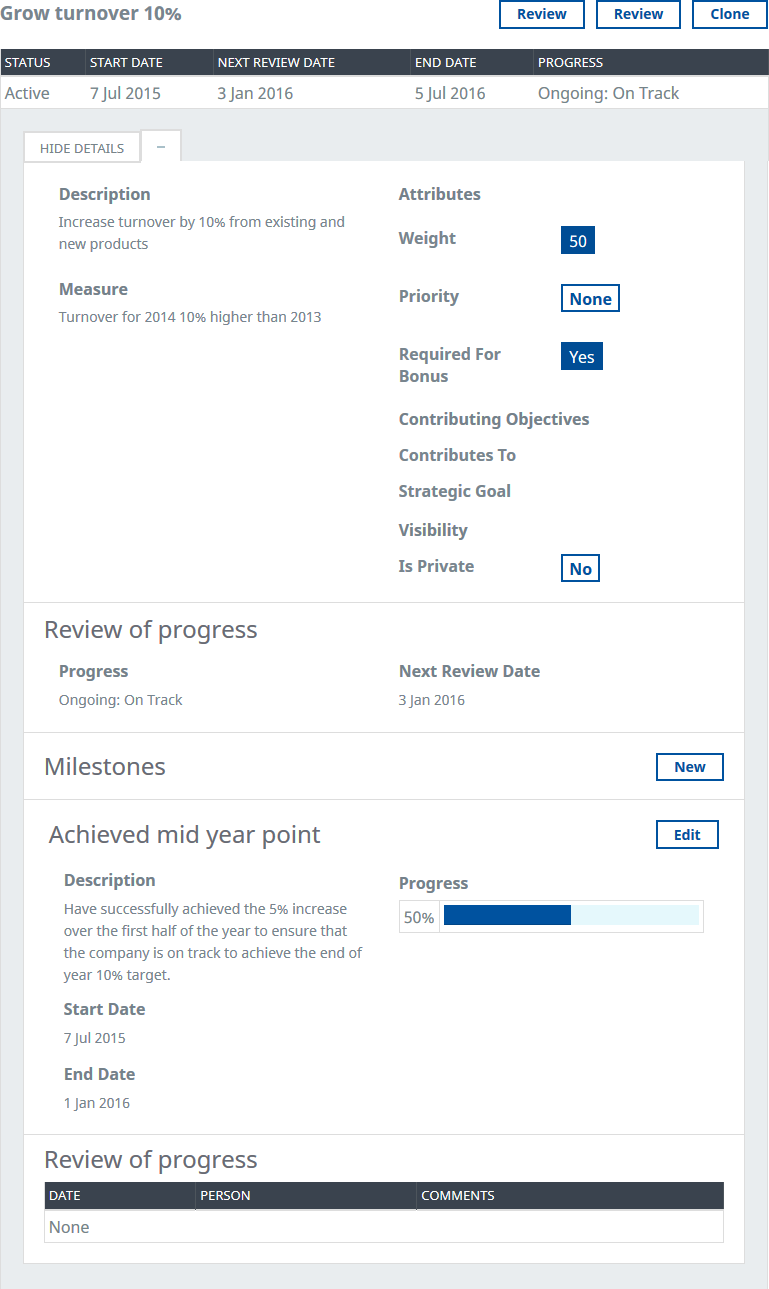 Screenshot: Full details for an Objective