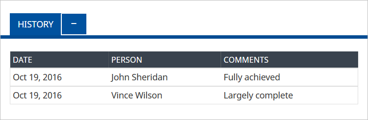 Screenshot: Objective history section showing previous comments added to the Objective