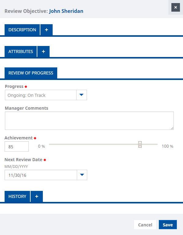 Screenshot: Manager view for reviewing an Objective in WX