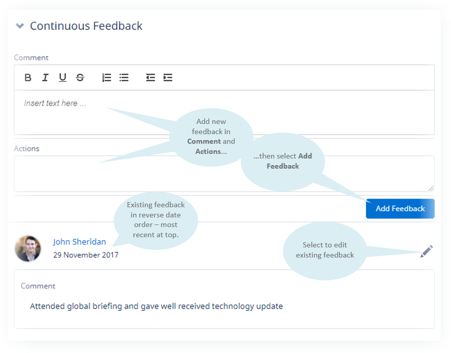 Annotated screenshot: Expanded Continuous Feedback section on a Performance Overview