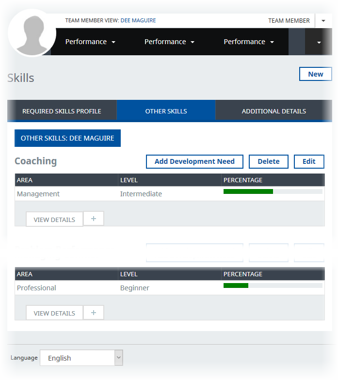 Screenshot: Skill profile for a Team Member