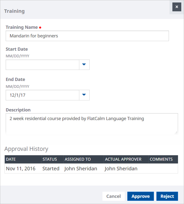 Screenshot: Training request for approval showing the training details