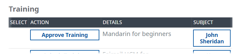 Screenshot: A Training request to approve on the Actions page in WX