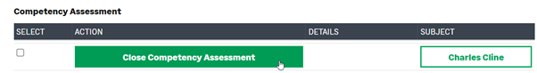 Screenshot: Close Competency Assessment action on WX Actions page