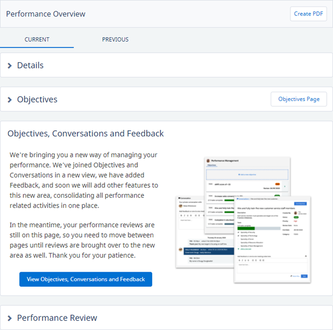 Screenshot: Objectives, Conversations and Feedback section on Performance Overview page