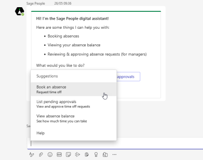 Screenshot: suggested actions in the Sage People Teams app