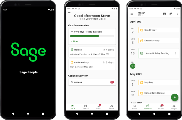 Screenshot: Sage People mobile app screens