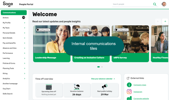 Screenshot: internal communications tiles in the homepage carousel