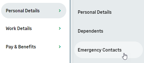 Screenshot: Selecting the Emergency Contacts process from WX menu